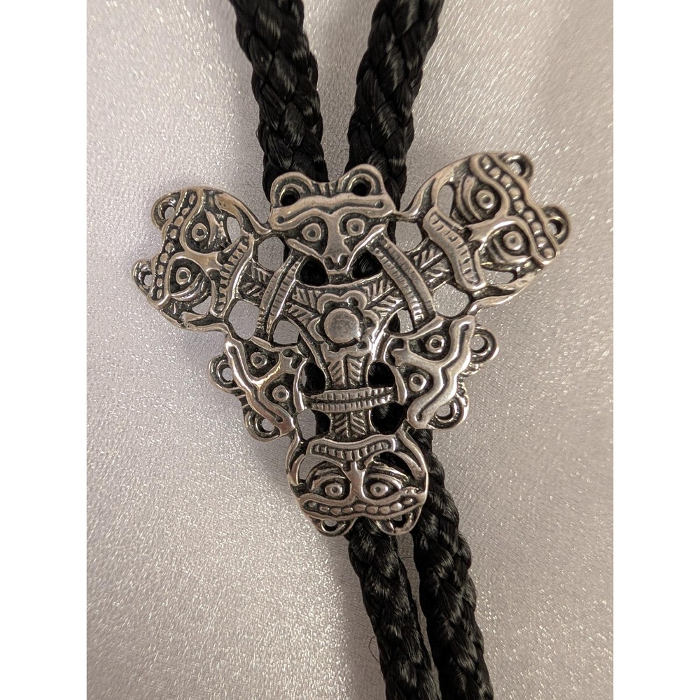 Signed Viking Norse 830 Silver Black Braided Leather Cord Bolo Tie‎ - Picture 6 of 11